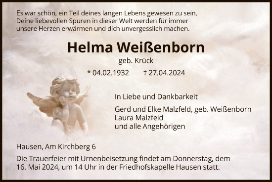 Todesanzeige von Helma Weißenborn von HNA