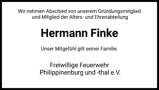 Todesanzeige von Hermann Finke von HNA