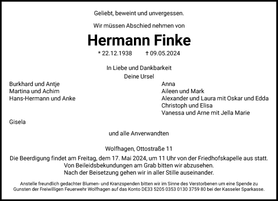 Todesanzeige von Hermann Finke von HNA