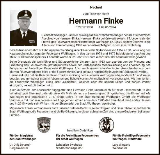 Todesanzeige von Hermann Finke von HNA