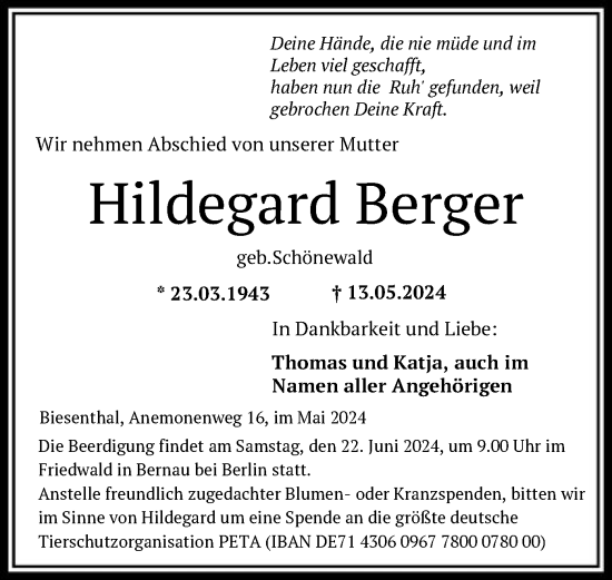Todesanzeige von Hildegard Berger von HNA