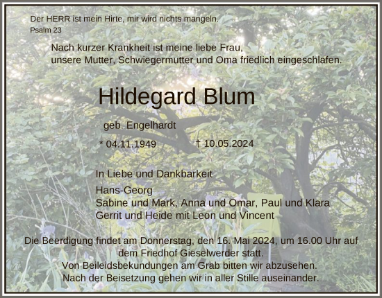 Todesanzeige von Hildegard Blum von HNA