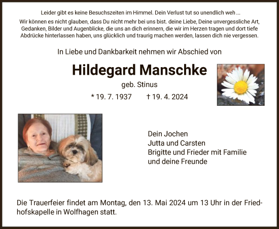 Todesanzeige von Hildegard Manschke von HNA