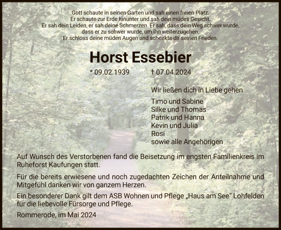 Todesanzeige von Horst Essebier von HNA