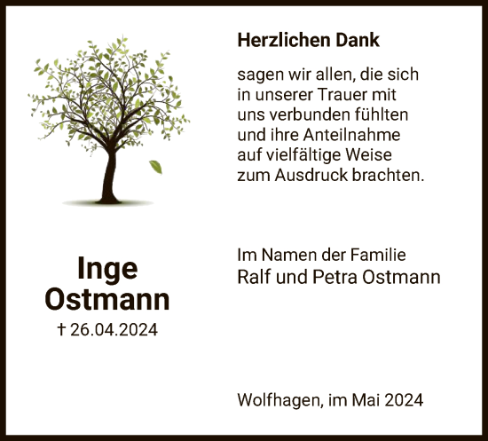 Todesanzeige von Inge Ostmann von HNA