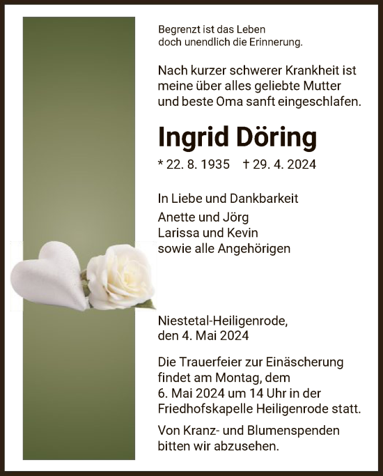 Todesanzeige von Ingrid Döring von HNA