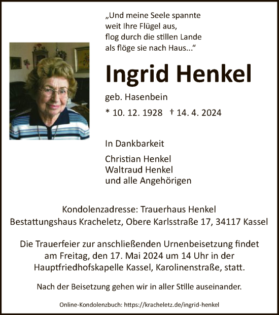 Todesanzeige von Ingrid Henkel von HNA