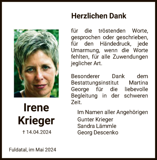 Todesanzeige von Irene Krieger von HNA