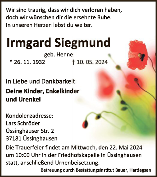 Todesanzeige von Irmgard Siegmund von HNA