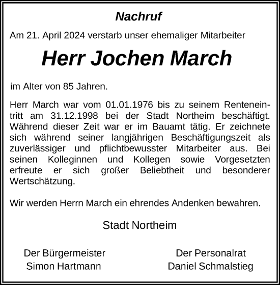 Todesanzeige von Jochen March von HNA