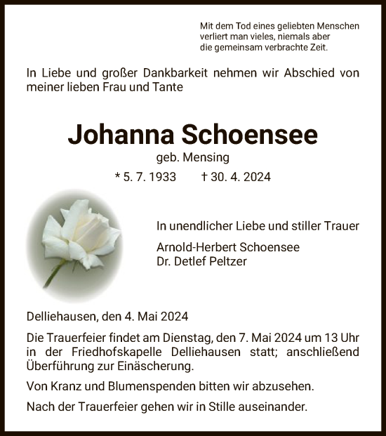 Todesanzeige von Johanna Schoensee von HNA
