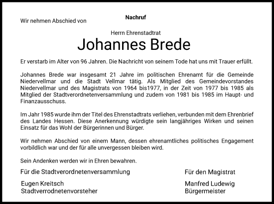 Todesanzeige von Johannes Brede von HNA