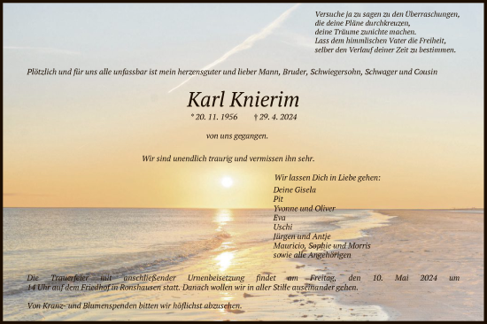 Todesanzeige von Karl Knierim von HNA