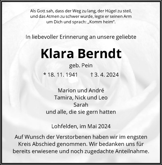 Todesanzeige von Klara Berndt von HNA