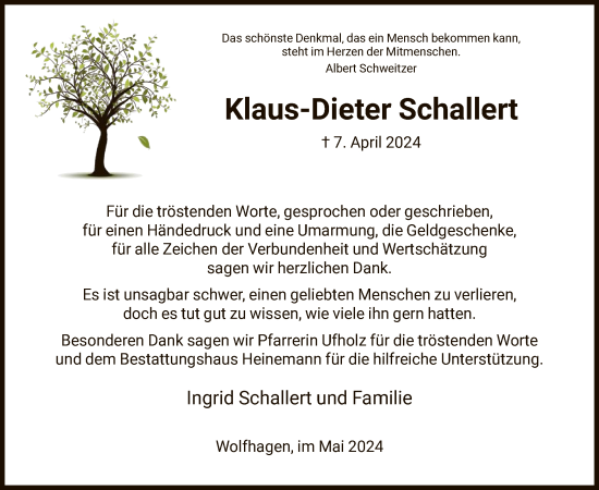 Todesanzeige von Klaus-Dieter Schallert von HNA