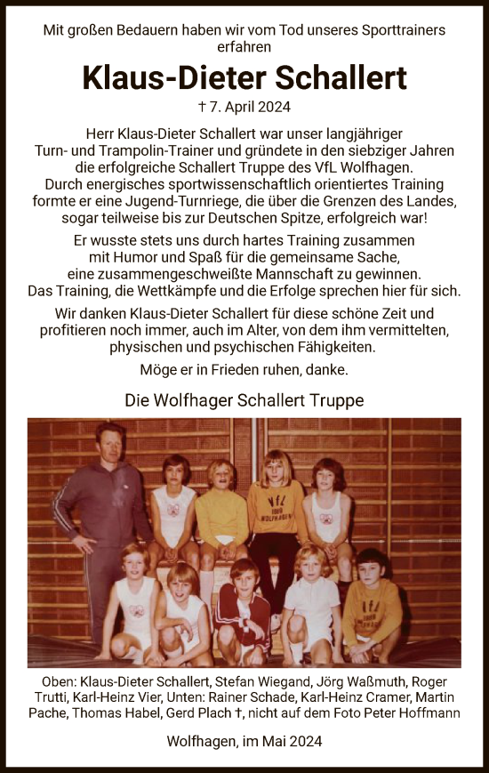 Todesanzeige von Klaus-Dieter Schallert von HNA