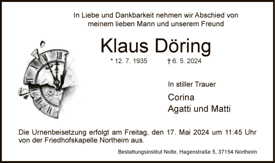 Todesanzeige von Klaus Döring von HNA