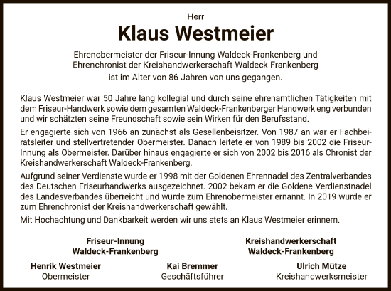 Todesanzeige von Klaus Westmeier von WLZHNA