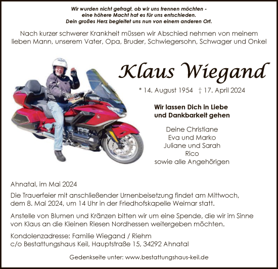 Todesanzeige von Klaus Wiegand von HNAHNA