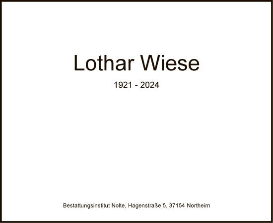 Todesanzeige von Lothar Wiese von HNA
