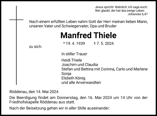 Todesanzeige von Manfred Thiele von HNA