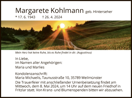Todesanzeige von Margarete Kohlmann von HNA