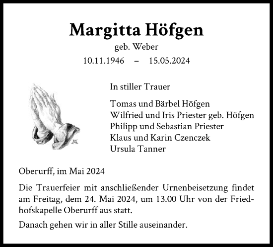Todesanzeige von Margitta Höfgen von HNA
