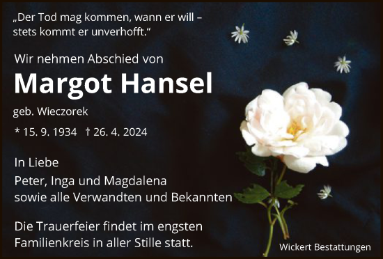 Todesanzeige von Margot Hansel von HNA