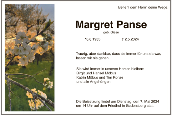 Todesanzeige von Margret Panse von HNA