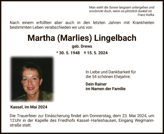 Todesanzeige von Martha Lingelbach von HNA