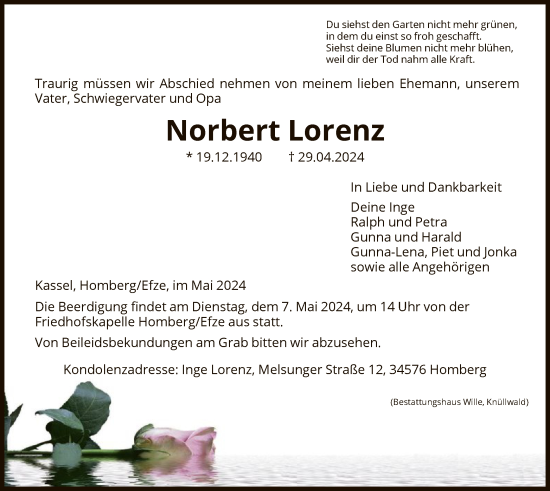 Todesanzeige von Norbert Lorenz von HNA