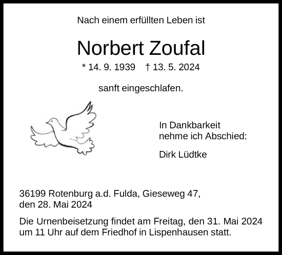 Todesanzeige von Norbert Zoufal von HNA