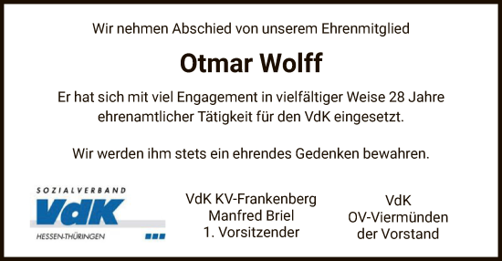 Todesanzeige von Otmar Wolff von HNA