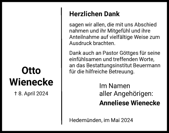 Todesanzeige von Otto Wienecke von HNA