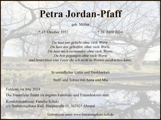 Todesanzeige von Petra Jordan-Pfaff von HNA
