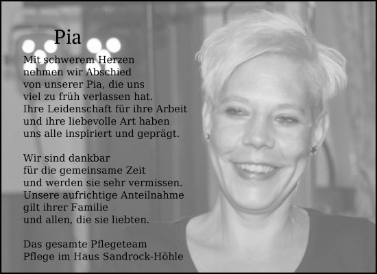 Todesanzeige von Pia  von HNA