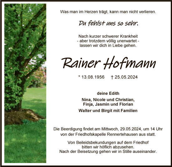 Todesanzeige von Rainer Hofmann von HNA