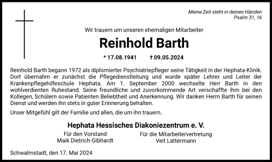Todesanzeige von Reinhold Barth von HNA