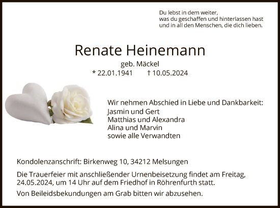 Todesanzeige von Renate Heinemann von HNA