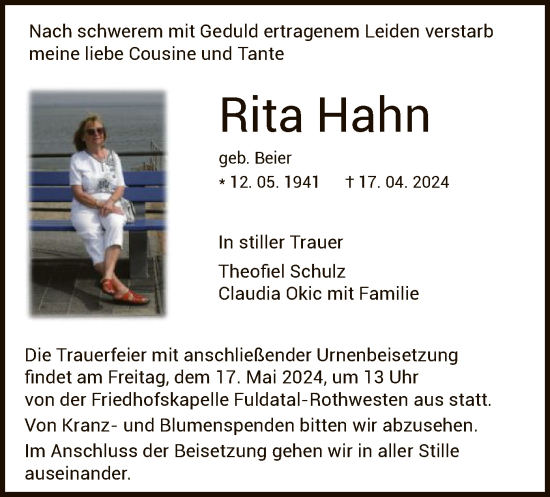 Todesanzeige von Rita Hahn von HNA