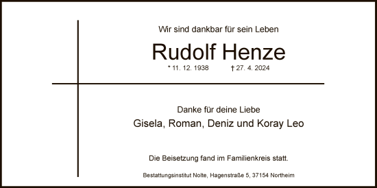 Todesanzeige von Rudolf Henze von HNA