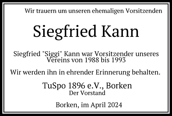 Todesanzeige von Siegfried Kann von HNA