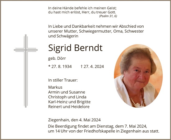 Todesanzeige von Sigrid Berndt von HNA