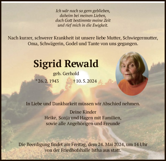 Todesanzeige von Sigrid Rewald von HNA