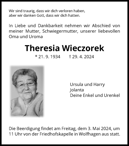 Todesanzeige von Theresia Wieczorek von HNA
