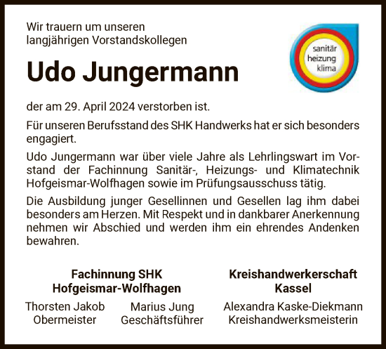 Todesanzeige von Udo Jungermann von HNA