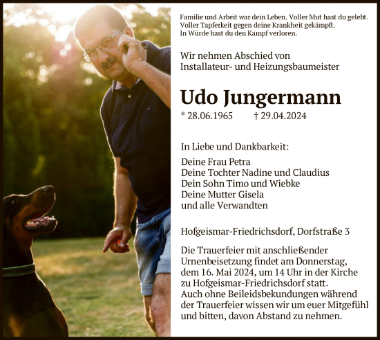 Todesanzeige von Udo Jungermann von HNA