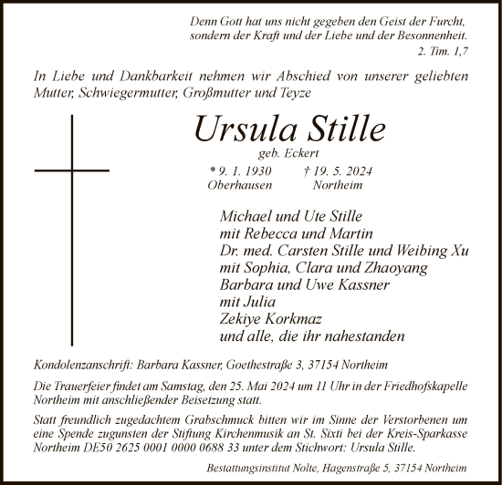 Todesanzeige von Ursula Stille von HNA