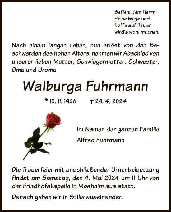 Todesanzeige von Walburga Fuhrmann von HNA