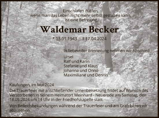 Todesanzeige von Waldemar Becker von HNA